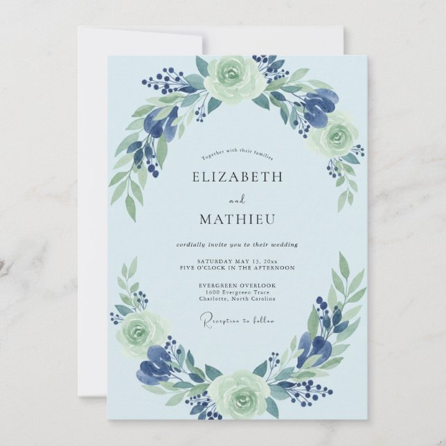 Convite Casamento Boho em Azul Claro com Folhas (Frente)