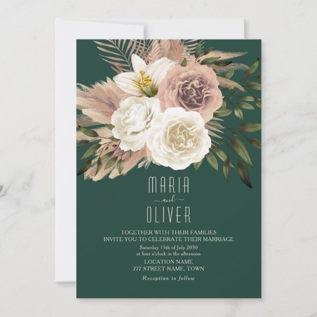 Convite Casamento Boho em Pêssego e Verde Esmeralda (Frente)