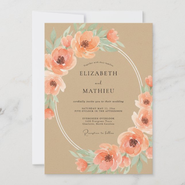 Convite Casamento Boho Encantador de Pêssego (Frente)