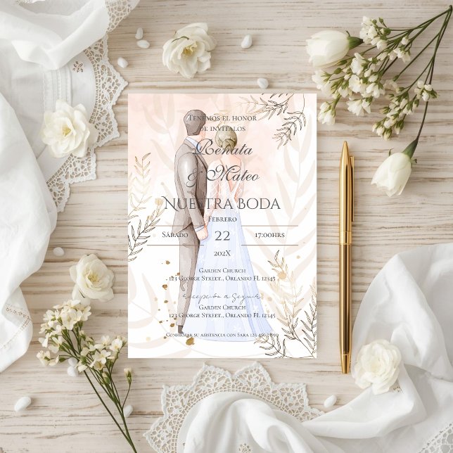 Convite Casamento Boho espanhol com noiva e noivo (Criador carregado)