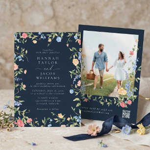 Convite Casamento Boho Flor Silvestre Azul Marinho Código