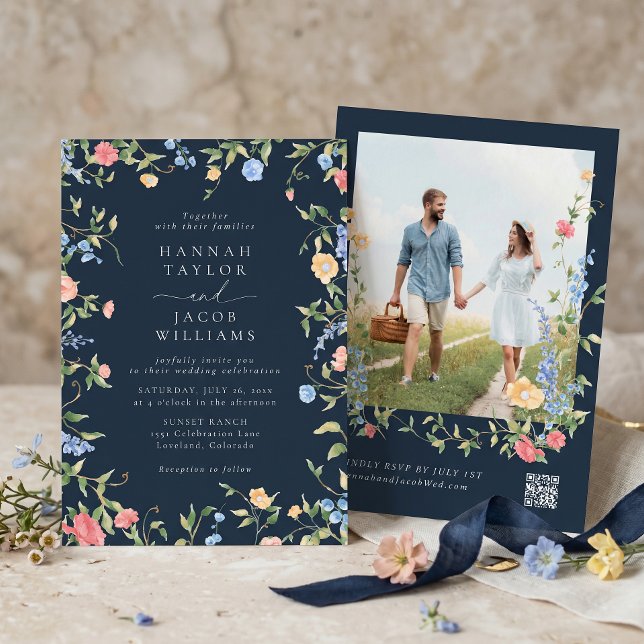 Convite Casamento Boho Flor Silvestre Azul Marinho Código  (Criador carregado)