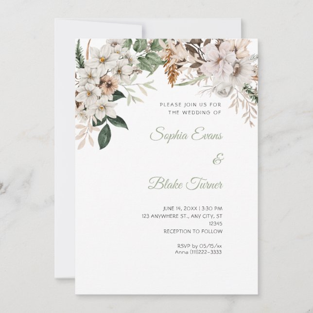 Convite Casamento Boho Floral Branco de Inverno Branco (Frente)
