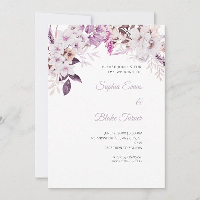 Convite Casamento Boho Floral Branco de Inverno Branco (Frente)