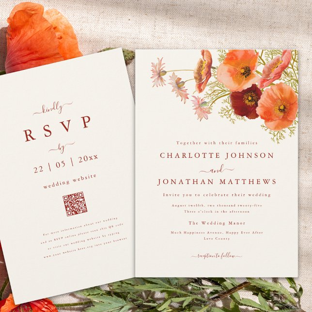 Convite Casamento Boho Floral de Outono (Elegant floral bouquet fall wedding invitation with burnt orange script and qr code)