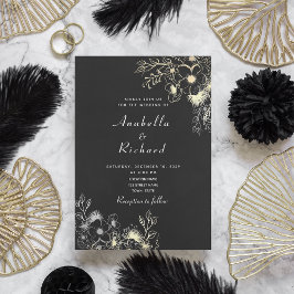Convite Casamento Boho Floral Dourado Preto e Branco