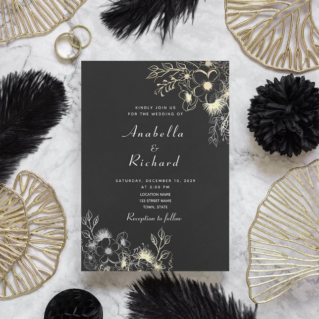 Convite Casamento Boho Floral Dourado Preto e Branco (Criador carregado)