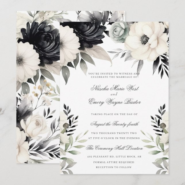 Convite Casamento Boho Floral Escuro Preto Creme (Frente/Verso)