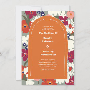 Convite Casamento Boho Floral Ousado Laranja Queimado Retr