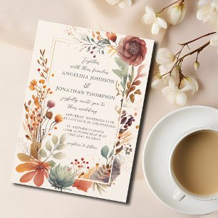 Convite Casamento Boho Floral Outono Vintage em Marfim
