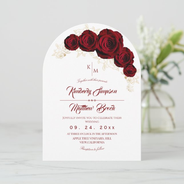 Convite Casamento Boho Floral Rosa Borgonha e Dourado (Em pé/Frente)