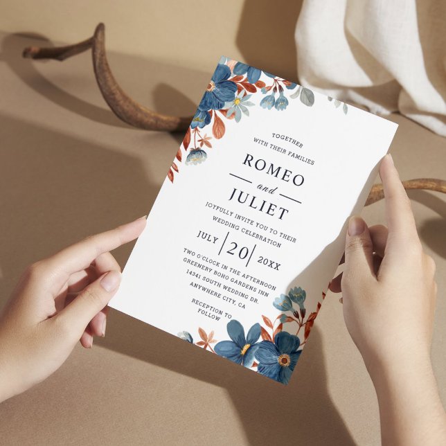 Convite Casamento Boho Floral Terracota Azul Marinho (Criador carregado)