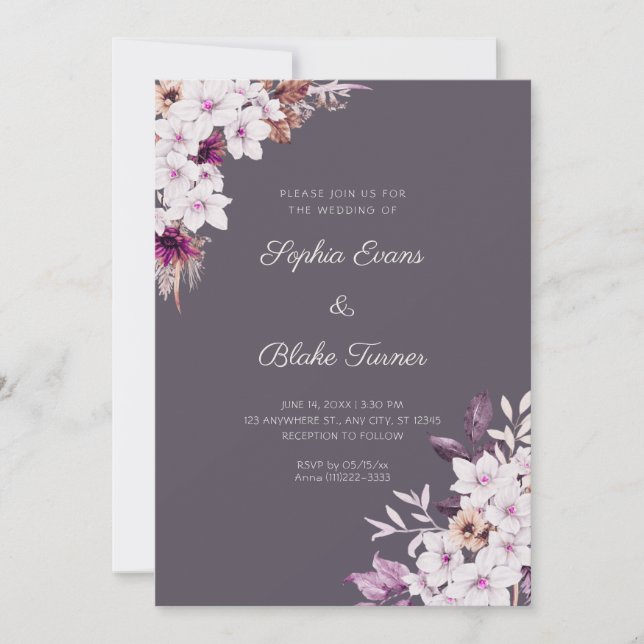 Convite Casamento Boho Flores Rosa Branco Rústico Cinza Fu (Frente)