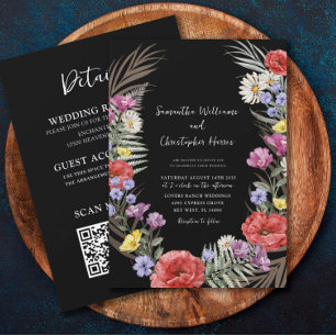 Convite Casamento Boho Flores Selvagens Preto Tudo Em Um