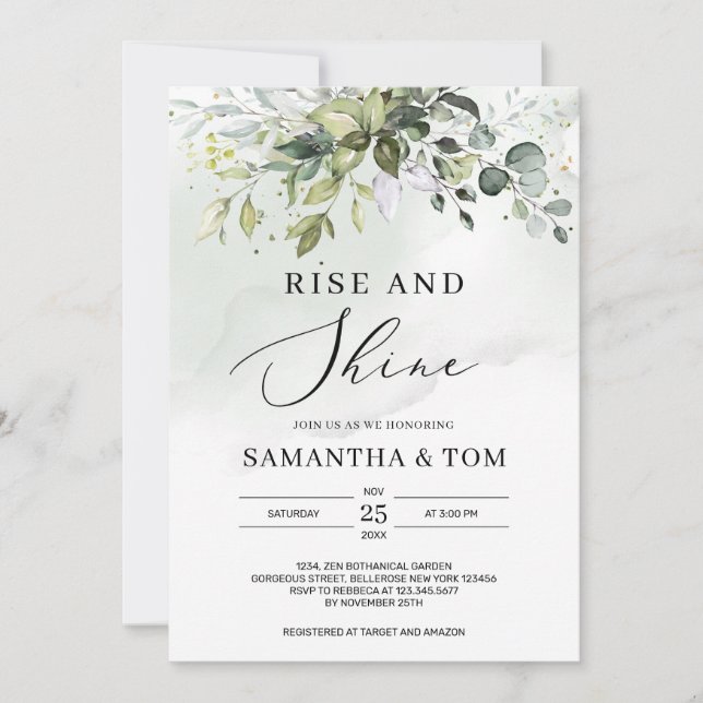 Convite Casamento boho folhagem verde subir e brilhar (Frente)