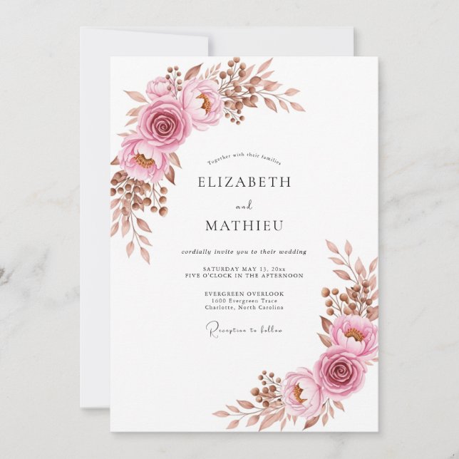 Convite Casamento Boho Gracioso Rosa Empoeirada (Frente)