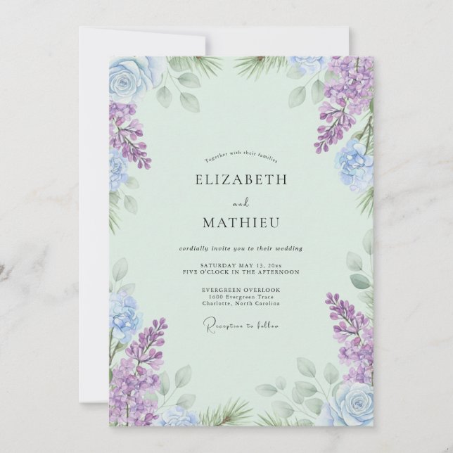 Convite Casamento Boho Hortelã Violeta Wisteria (Frente)