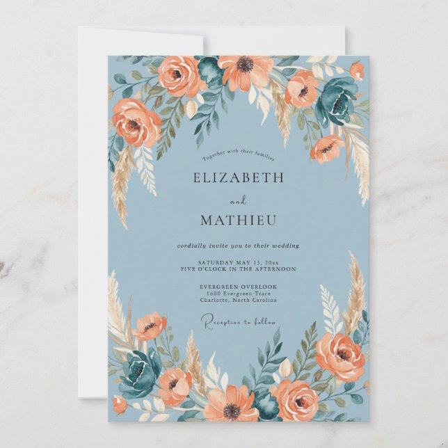 Convite Casamento Boho Impressionante Azul Aço (Frente)