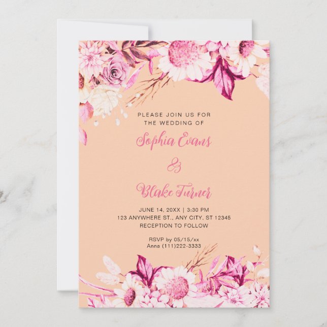 Convite Casamento Boho Laranja com Flores Rosas e Brancas (Frente)