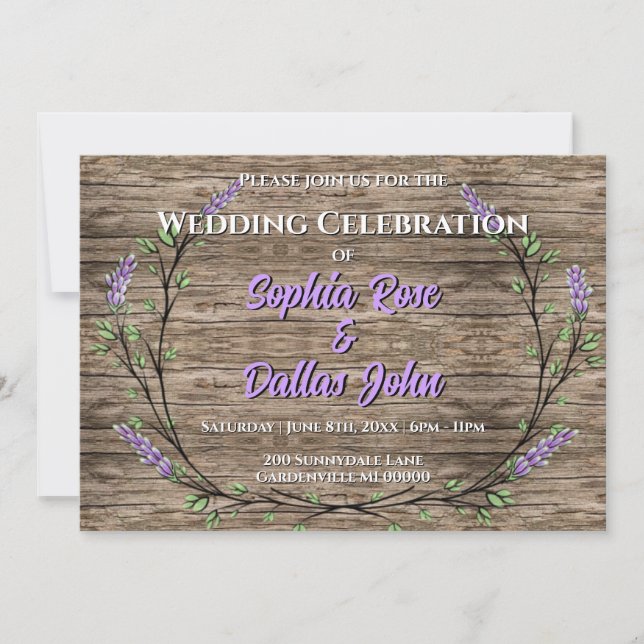 Convite Casamento boho lavanda rústico elegante   (Frente)