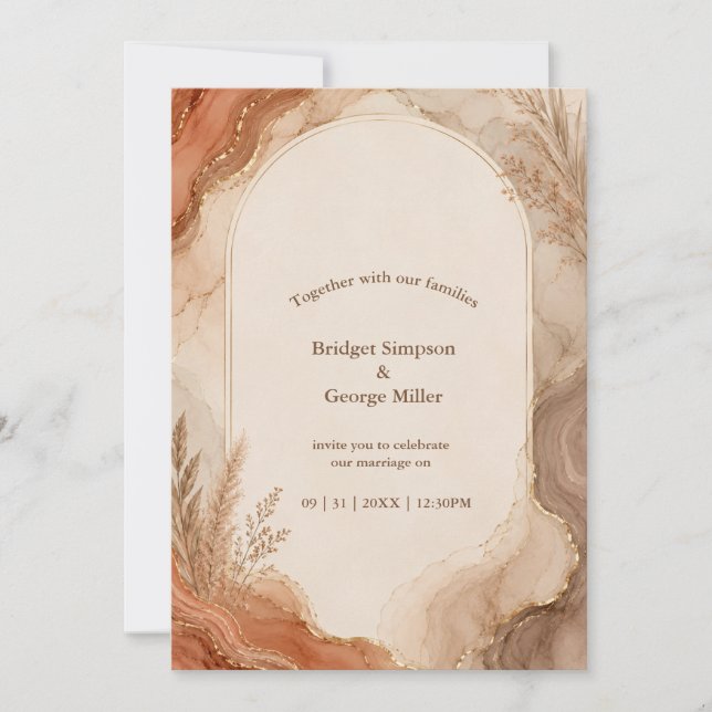 Convite Casamento Boho Mármore Ágata Terracota Rústica (Frente)