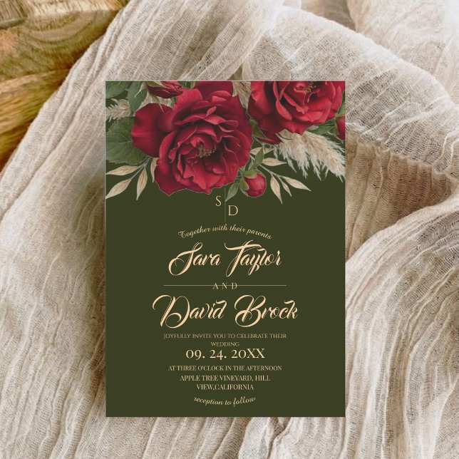 Convite Casamento Boho Moderno de Verde & Rosas Florais  (Criador carregado)