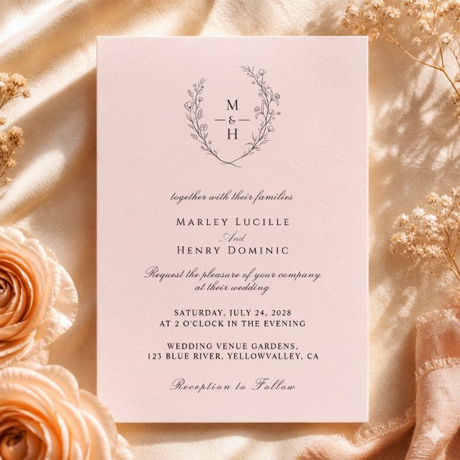 Convite Casamento Boho Monograma Rosa Minimalista (Criador carregado)