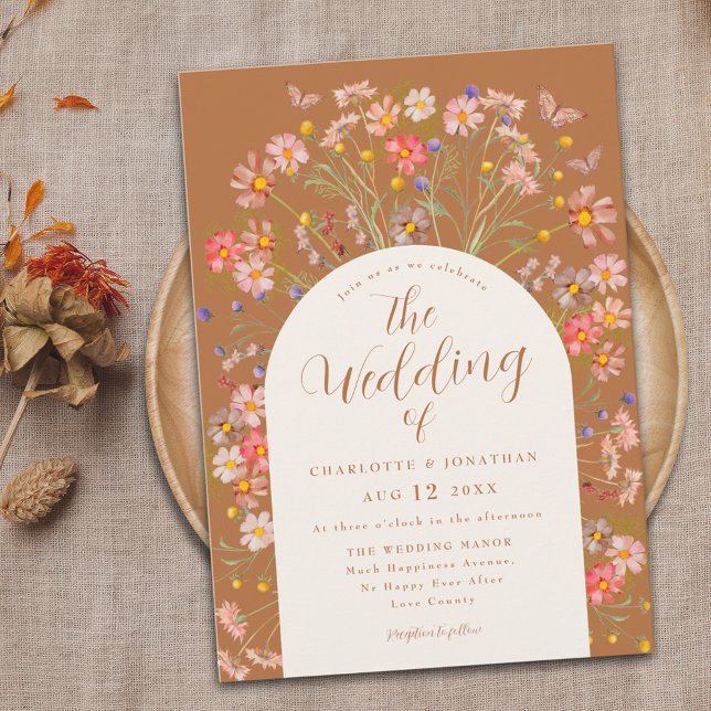Convite Casamento Boho Outono Flor Silvestre Borboleta (Boho fall floral butterfly Wedding invitation whimsical wildflowers rustic country cottage garden)