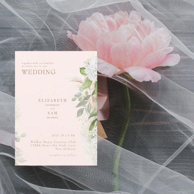 Convite Casamento Boho Pampas Bege Branco Hydraneas (Criador carregado)