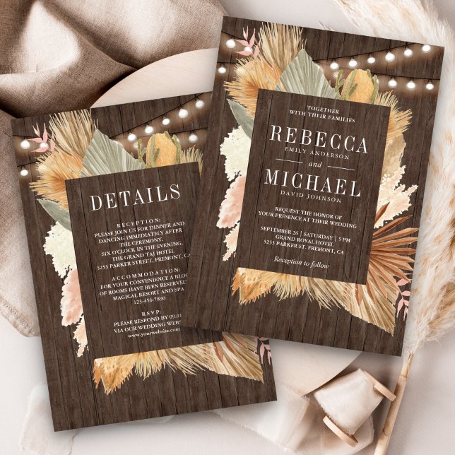 Convite Casamento Boho Pampas Madeira de Palma Seca Tudo e (Criador carregado)