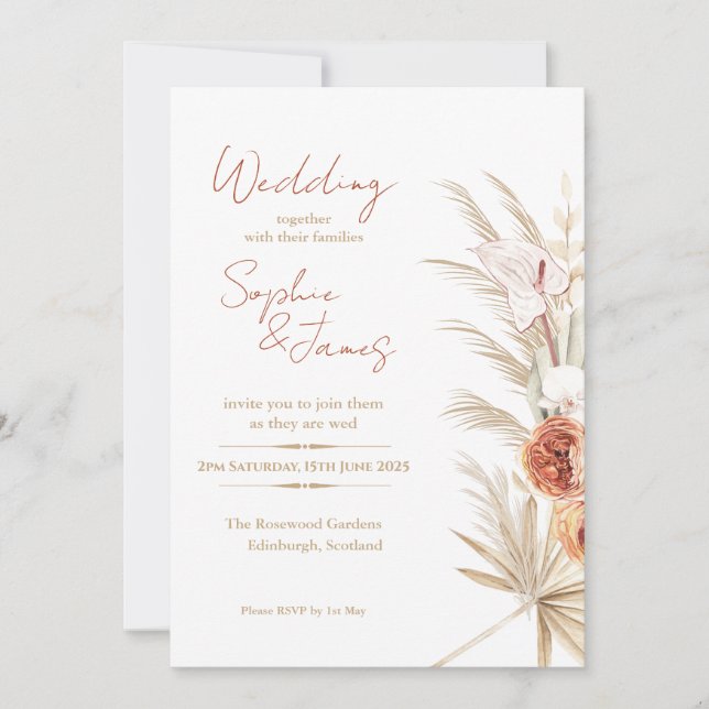 Convite Casamento Boho Pampas Rosa Pêssego Palma Tropical (Frente)