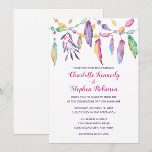 Convite Casamento Boho Pena Roxa Nativo Americano Indiano