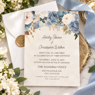 Convite Casamento Boho Poeira Azul Flores Brancas Creme