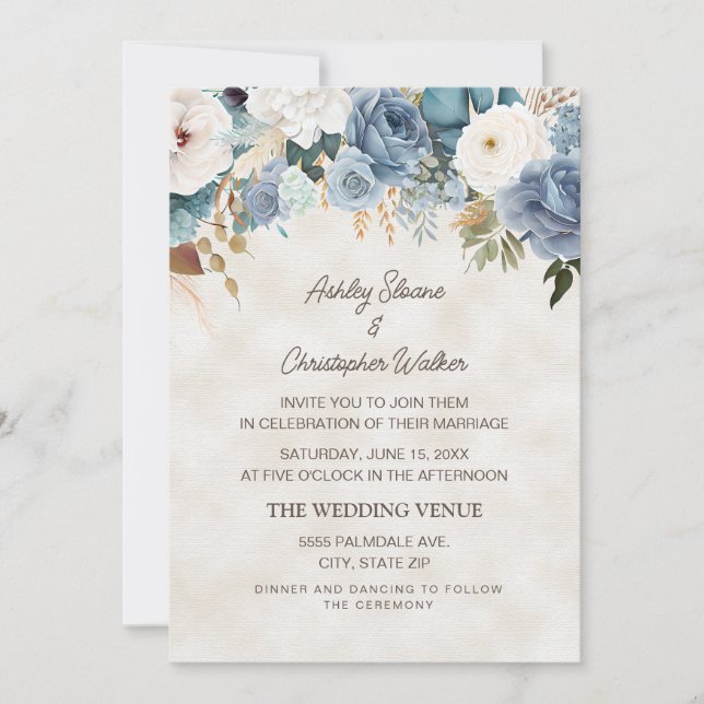Convite Casamento Boho Poeira Azul Flores Brancas Creme (Frente)