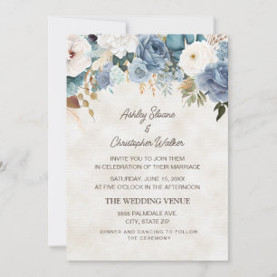 Convite Casamento Boho Poeira Azul Flores Brancas Creme