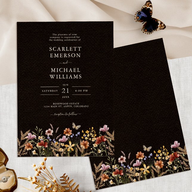 Convite Casamento Boho Preto (Black Boho Floral Wedding Invitation with Butterfly by Painted Paperie
)