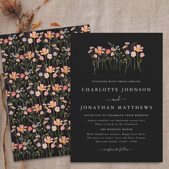 Convite Casamento Boho Preto e Branco de Flores Silvestres (Boho fall Wildflower floral black and white Wedding invitation simple Watercolor autumn flowers)
