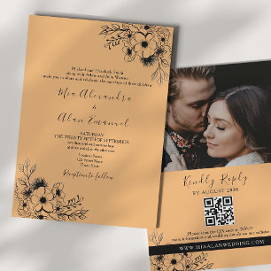 Convite Casamento Boho Preto e Laranja Tudo em Um