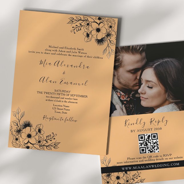 Convite Casamento Boho Preto e Laranja Tudo em Um (Criador carregado)