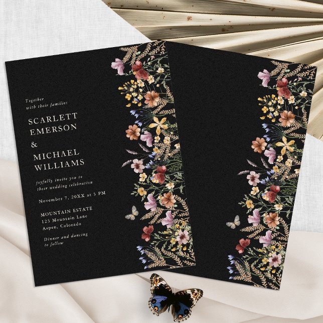 Convite Casamento Boho Preto Moderno (Modern Black Boho Wedding Invitation with Butterfly by Painted Paperie
)