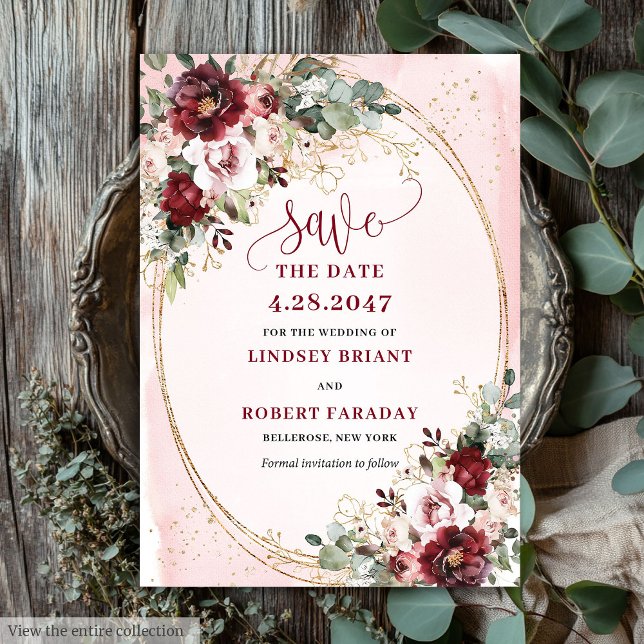 Convite Casamento Boho Refined Bege Rosa Dourado Salve a D (Refined Boho Maroon Blush Gold Floral Save Date)