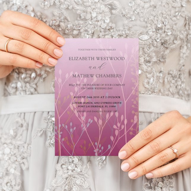 Convite Casamento Boho Rosa com Gramas e Folhagens Selvage (Criador carregado)