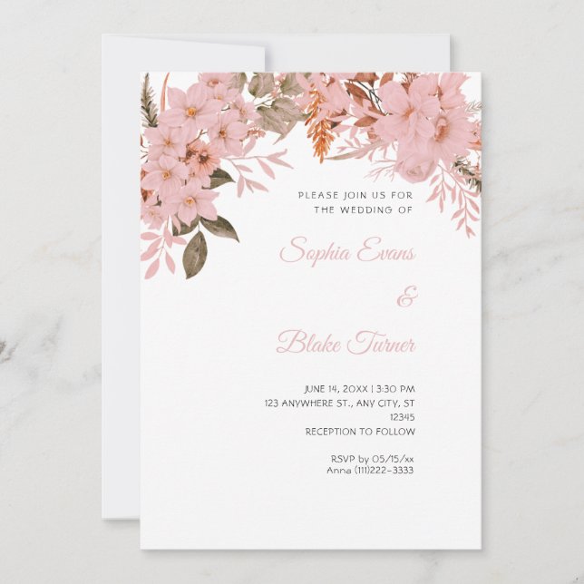 Convite Casamento Boho Rosa Floral Inverno Branco (Frente)