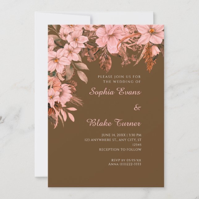 Convite Casamento Boho Rosa Floral Outono Marrom Escuro (Frente)