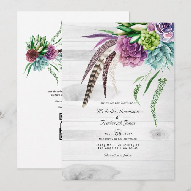 Convite Casamento Boho Rústico com Suculentas QR Code RSVP (Frente/Verso)