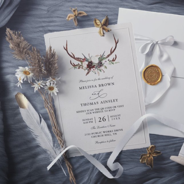 Convite Casamento Boho Rústico Floral Antlers Orçamento Có (Criador carregado)