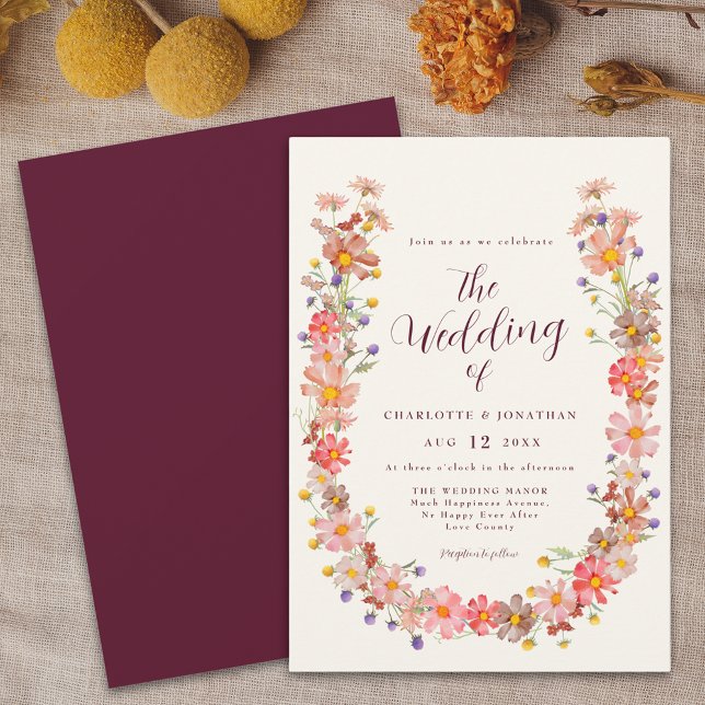 Convite Casamento Boho Rústico Floral de Outono (Boho rustic floral arch fall wedding Invitation burgundy cream ivory watercolor wildflower wreath)
