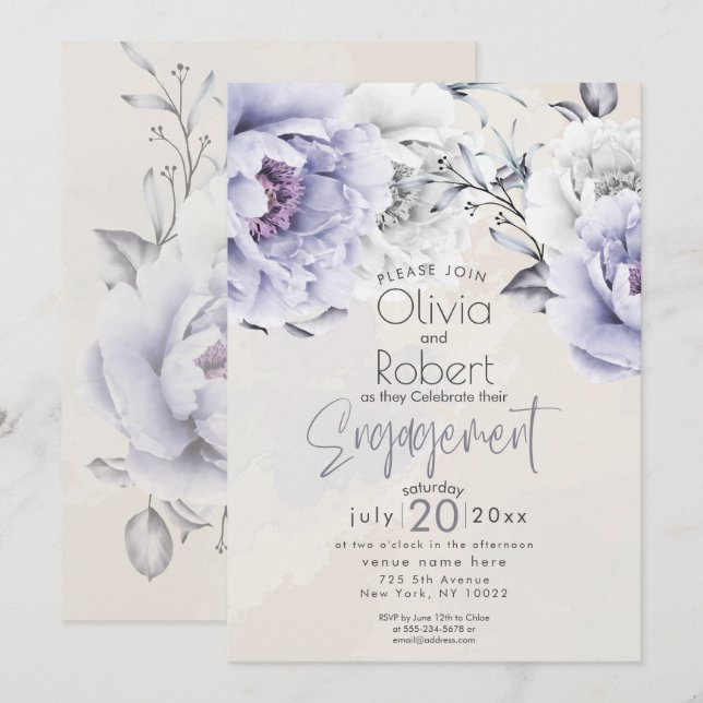 Convite Casamento | Boho Rústico Lilás e Peônia Alabastro (Frente/Verso)
