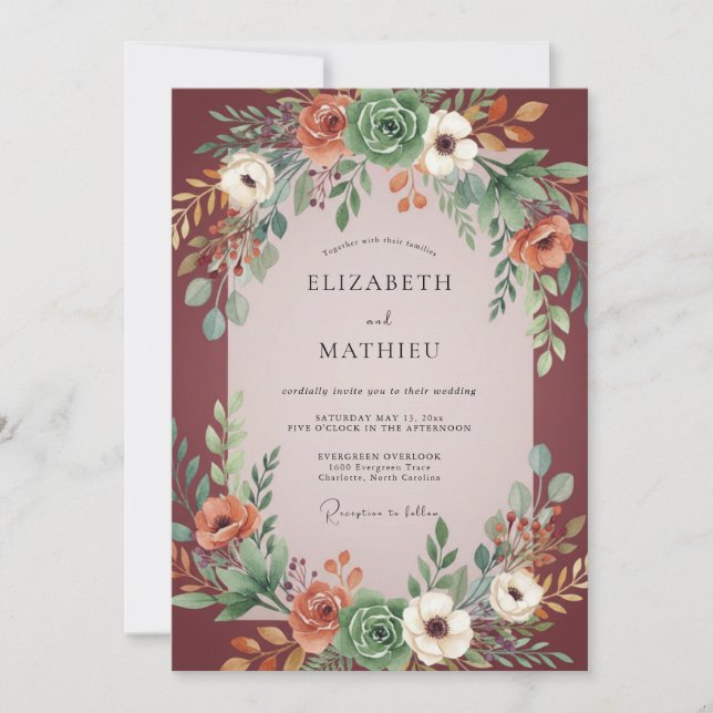 Convite Casamento Boho Suculento Eucalipto Borgonha (Frente)