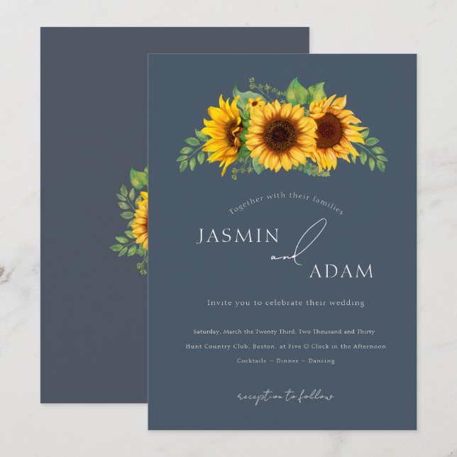 Convite Casamento Boho Sunflower Floral Azul Ardósia (Frente/Verso)